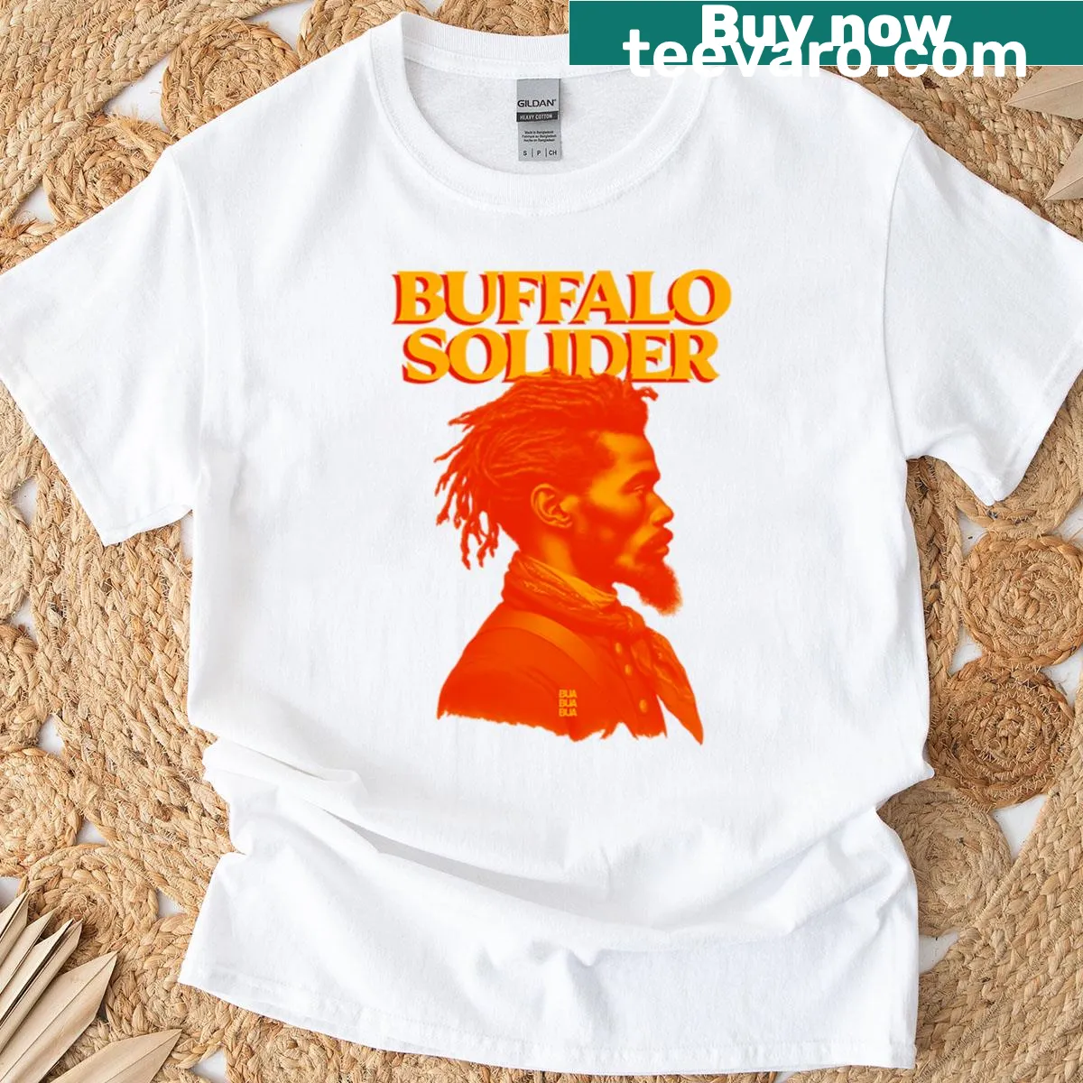 Illustrative Buffalo Soldier graphic T-shirt — on a men's t-shirt