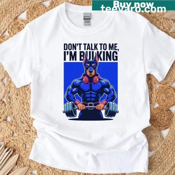 Funny dog-themed gym T-shirt with a cartoon dog lifting weights