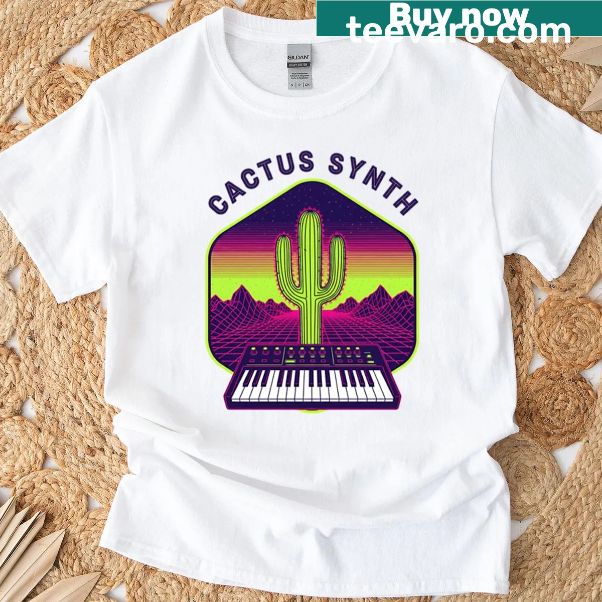 Vintage-styled cactus graphic representing synthwave culture. — on a men's t-shirt
