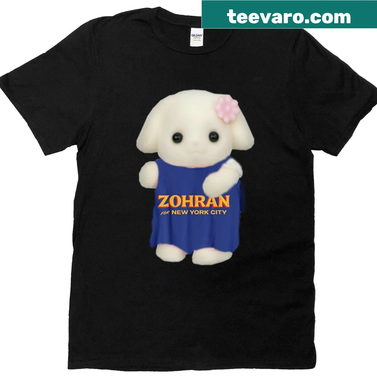 Calico critter wearing Zohran Mamdani outfit illustrated on T-shirt. — on a men's t-shirt
