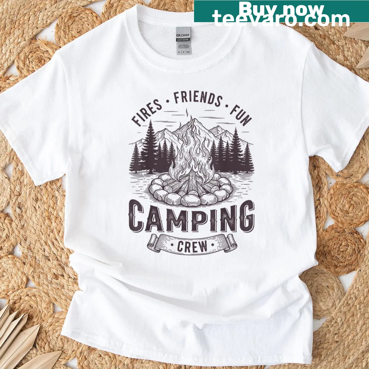 Graphic of friends enjoying a campfire during summer vacation. — on a men's t-shirt