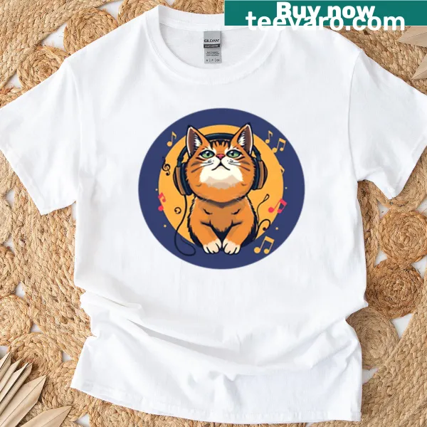 Illustrated cat playing around graphic on t-shirt