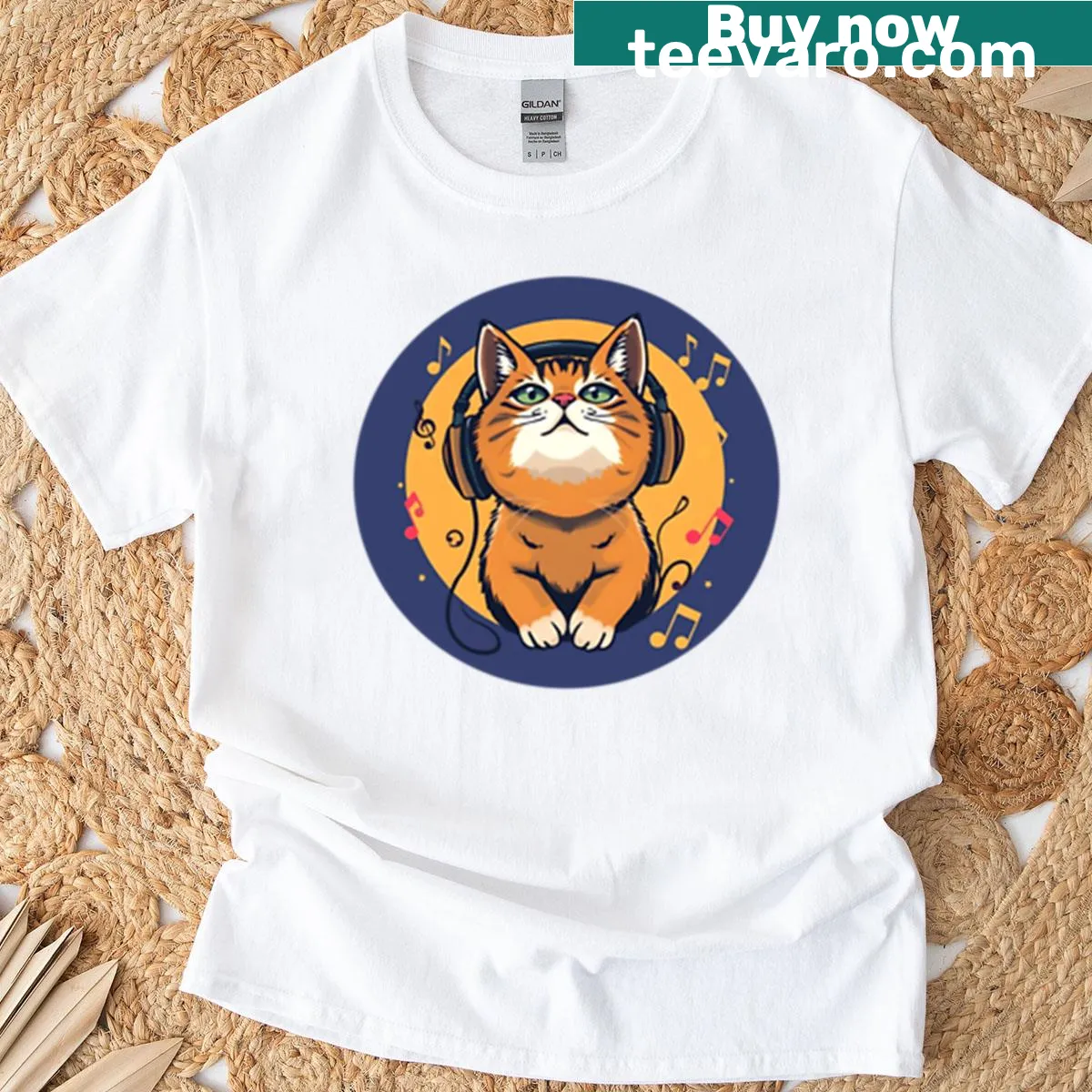 Illustrated cat playing around graphic on t-shirt — on a men's t-shirt