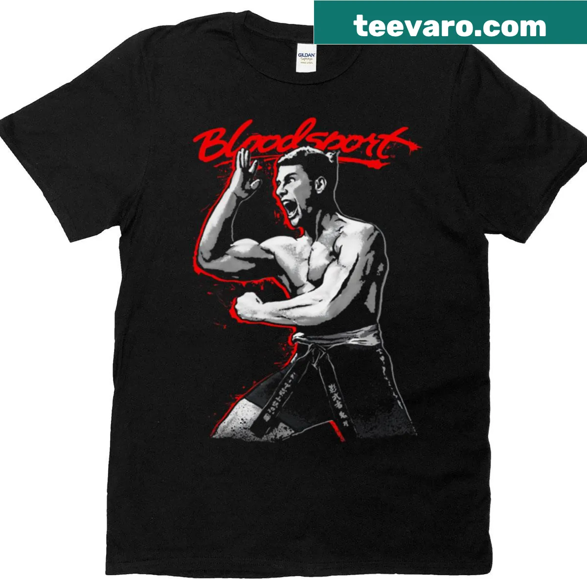 Vintage-style t-shirt celebrating 1980s action movies. — on a men's t-shirt