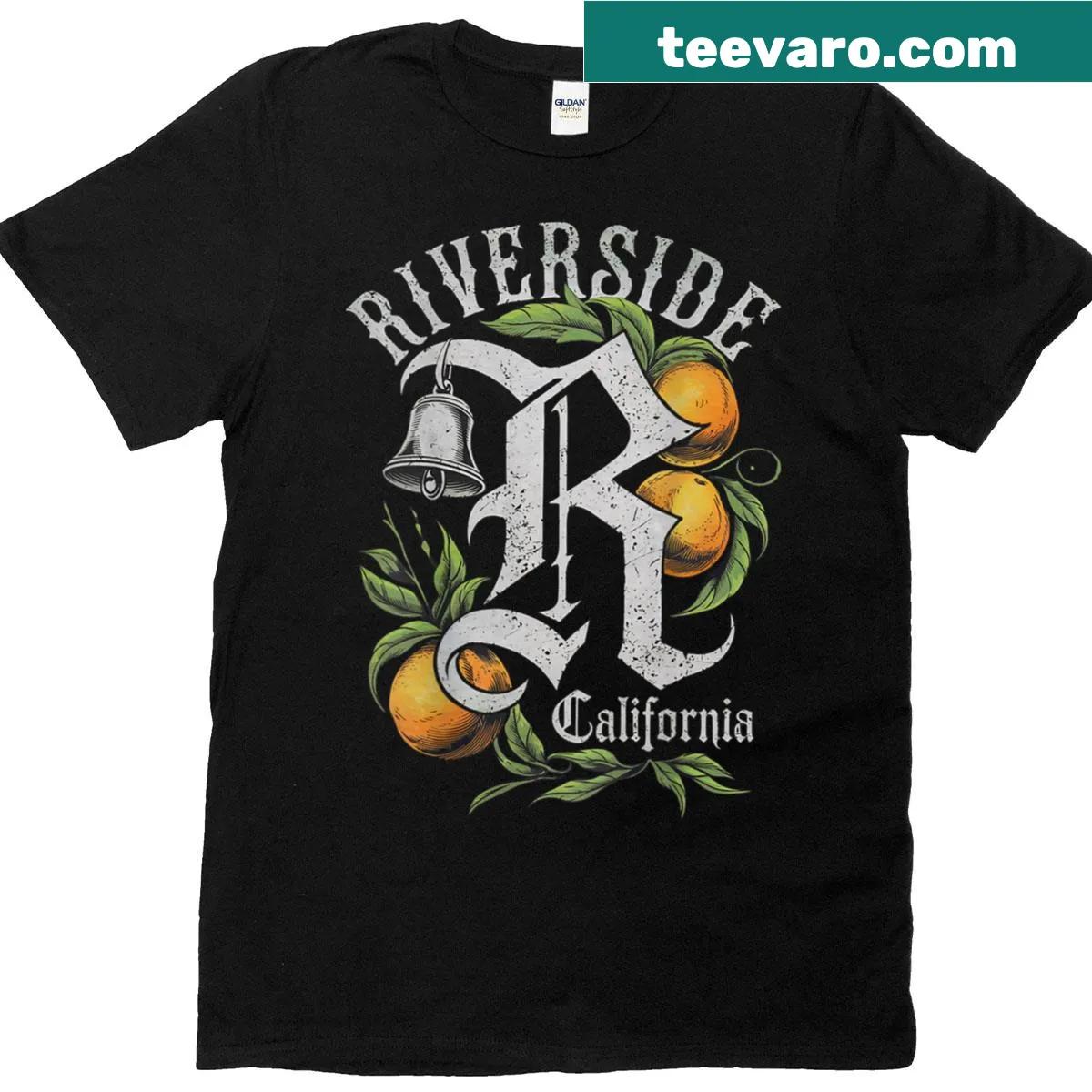 T-shirt featuring the Riverside Bell emblem representing Riverside, California. — on a men's t-shirt