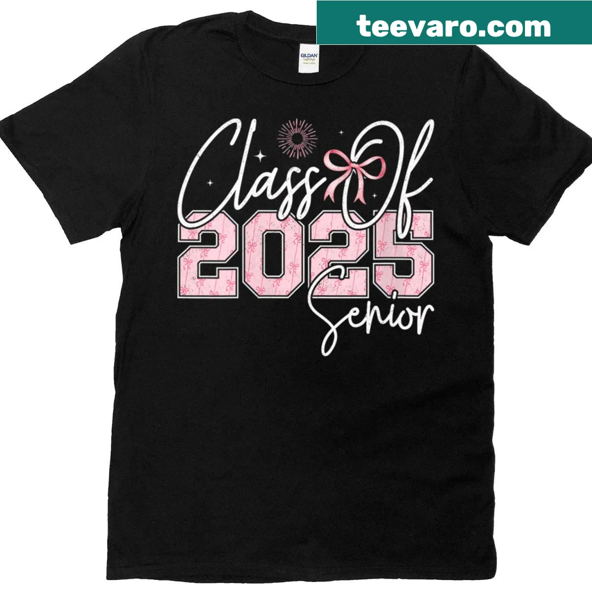 Class of 2025 t-shirt with pink bow and sparkle design — on a men's t-shirt