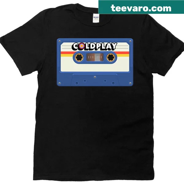 Vintage-style oversized t-shirt featuring a Coldplay tape design