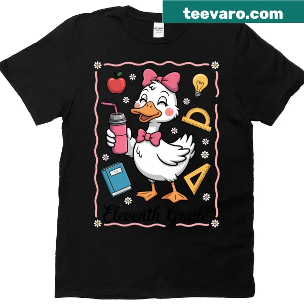 Adorable cartoon goose graphic on a girl's back-to-school t-shirt.