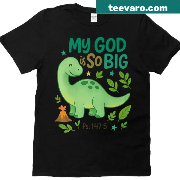 Illustrated dinosaur and Bible verse for kids on a T-shirt