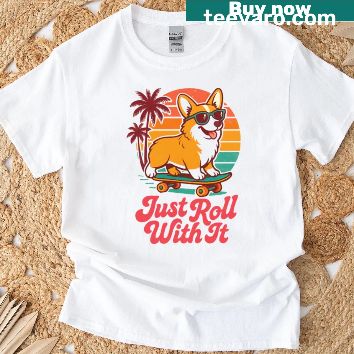 Playful dog illustration with the pun 'Just Roll With It' — on a men's t-shirt