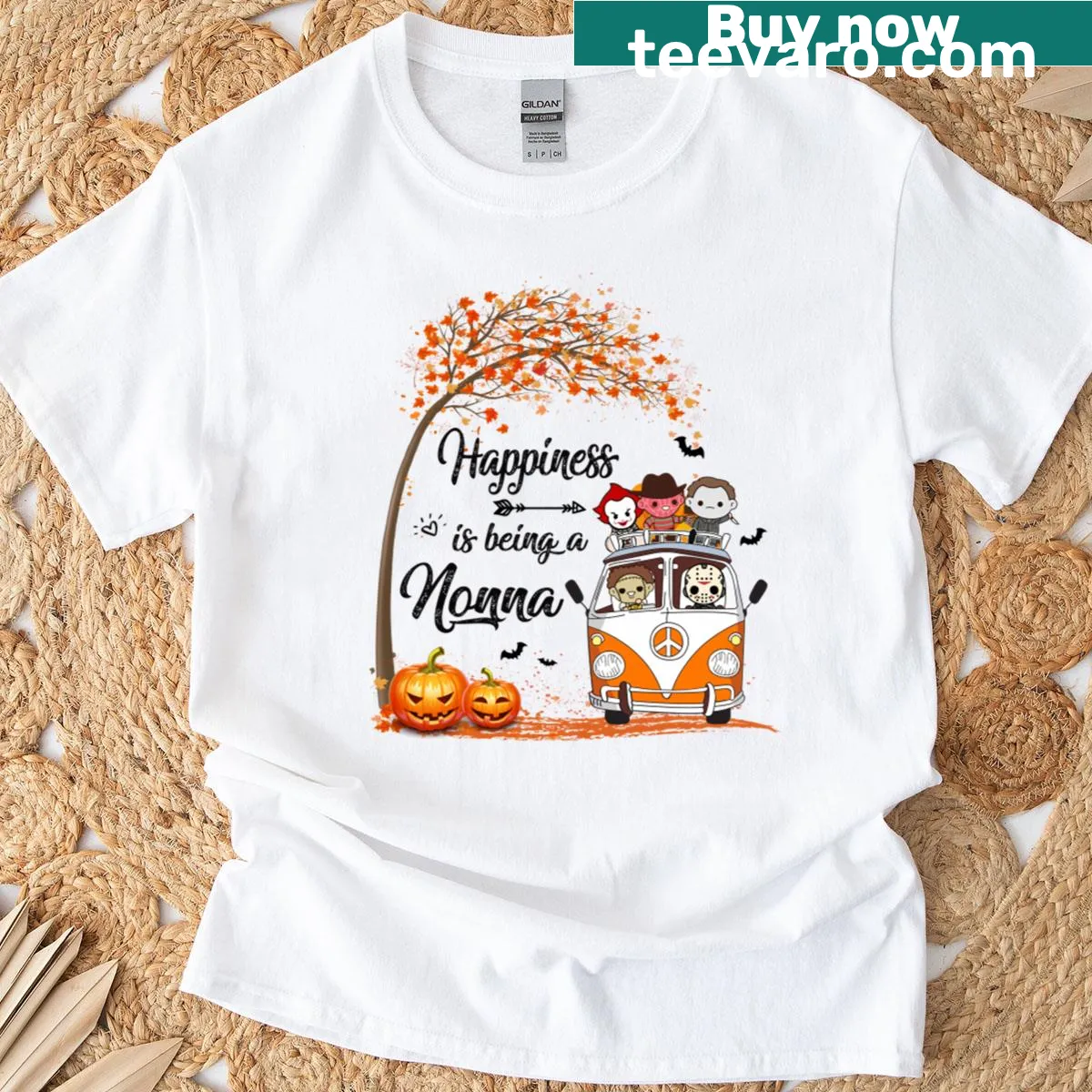 Whimsical Halloween tree design with 'Happiness Is Being A Nonna' — on a men's t-shirt