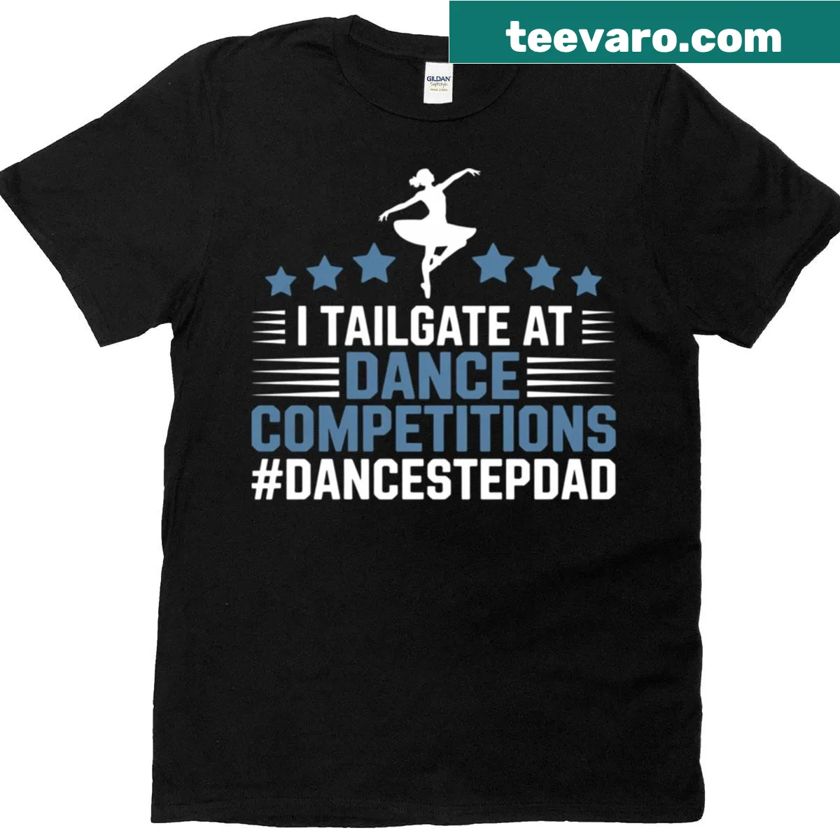 Funny Stepdad T-shirt with dance-themed humorous sayings — on a men's t-shirt