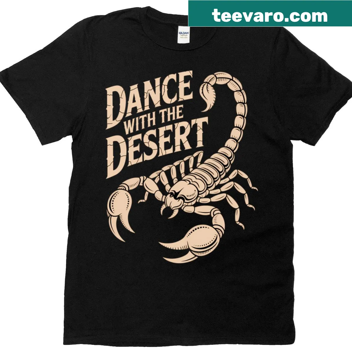 Illustrated T-shirt featuring a scorpion in a desert theme — on a men's t-shirt