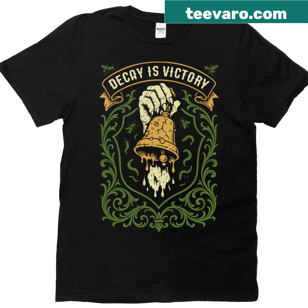 Typographic design stating Decay Is Victory on a T-shirt — on a men's t-shirt