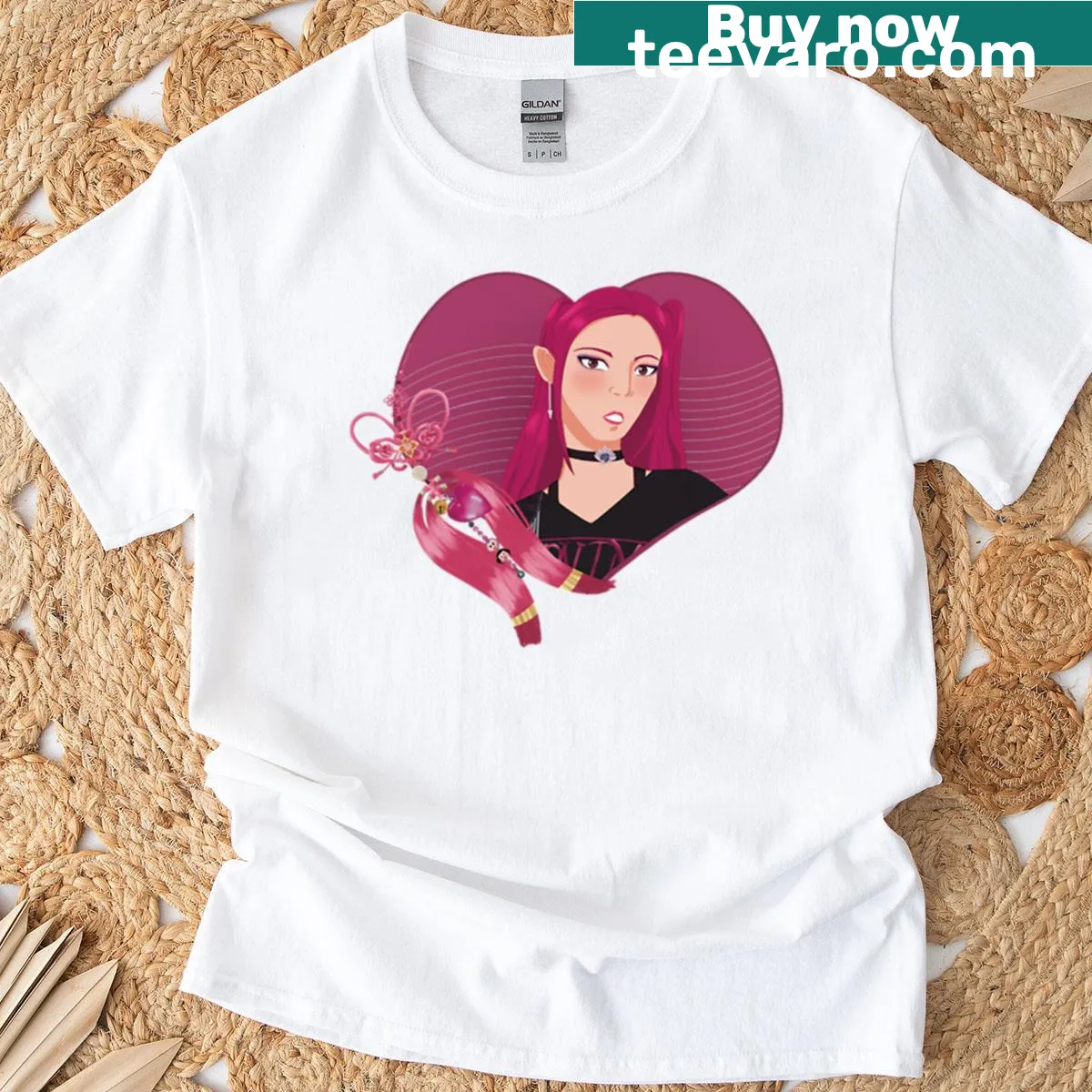 Graphic of Demon Hunter Mira, a fierce character ready for battle. — on a men's t-shirt