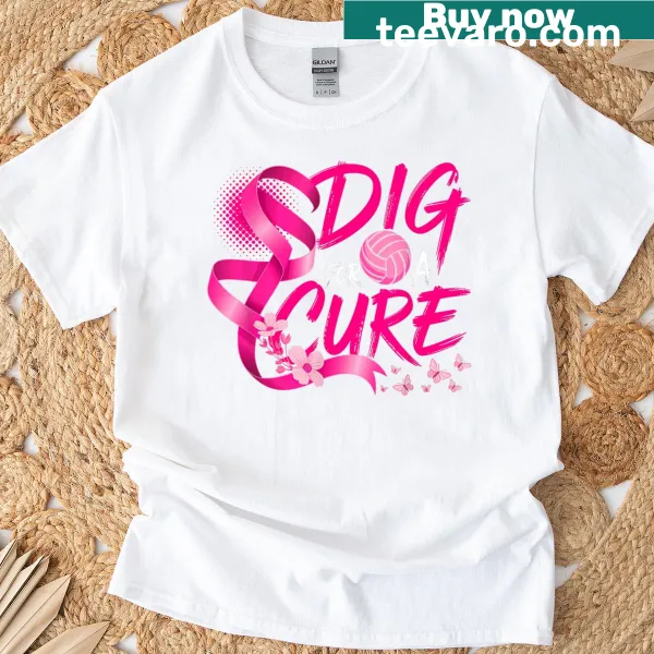 T-shirt featuring a volleyball and awareness ribbon design for breast cancer