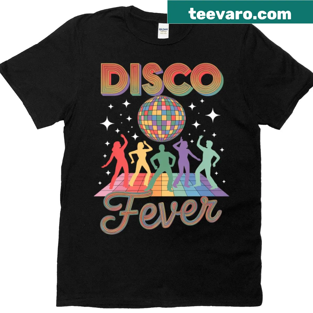 Retro-themed shirt with disco illustrations for family dance parties — on a men's t-shirt