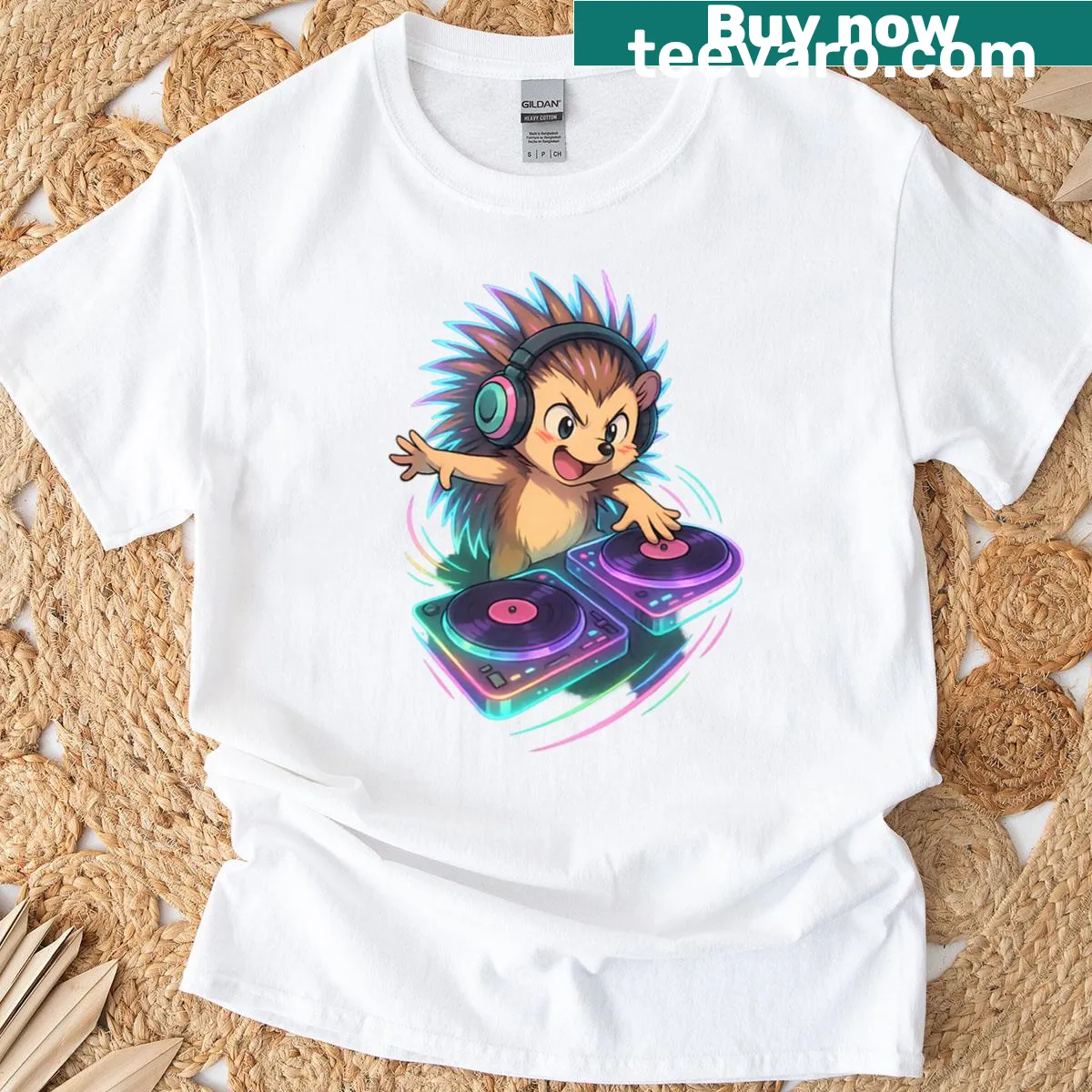 Playful cartoon DJ hedgehog graphic on a T-shirt. — on a men's t-shirt