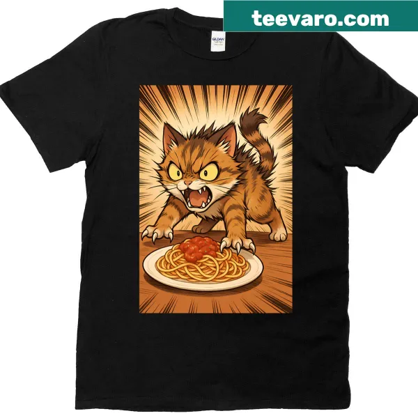 T-shirt with a furious anime cat meme guarding spaghetti.