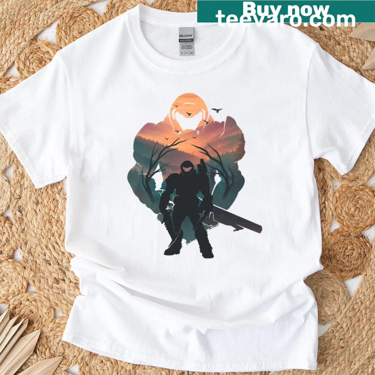 Dramatic graphic of the Doom Slayer character on a T-shirt — on a men's t-shirt