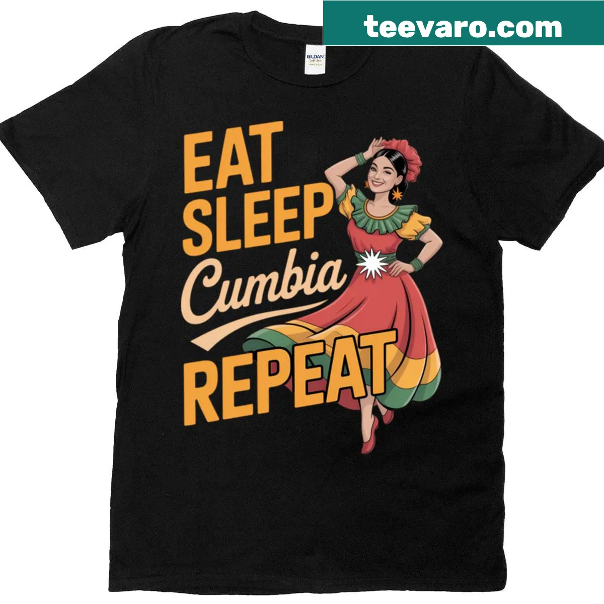 T-shirt with dance-themed text 'Eat Sleep Cumbia Repeat' — on a men's t-shirt