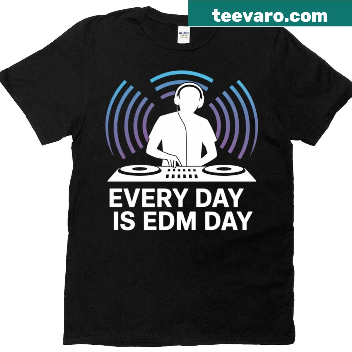 T-shirt featuring bold typography celebrating electronic dance music — on a men's t-shirt