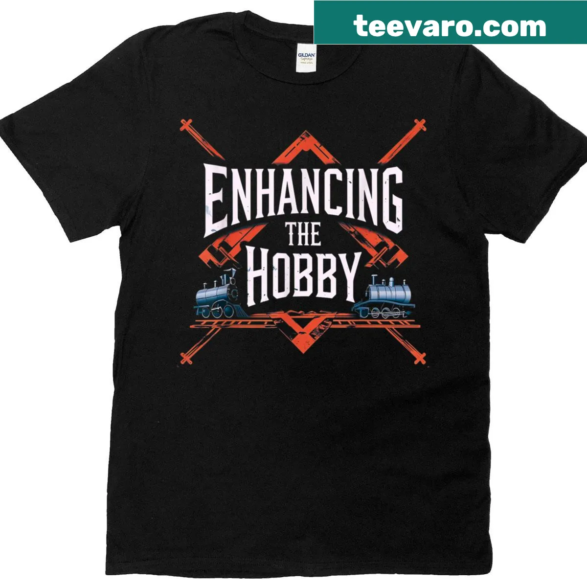 Graphic T-shirt celebrating railroading hobbies with a clever design — on a men's t-shirt