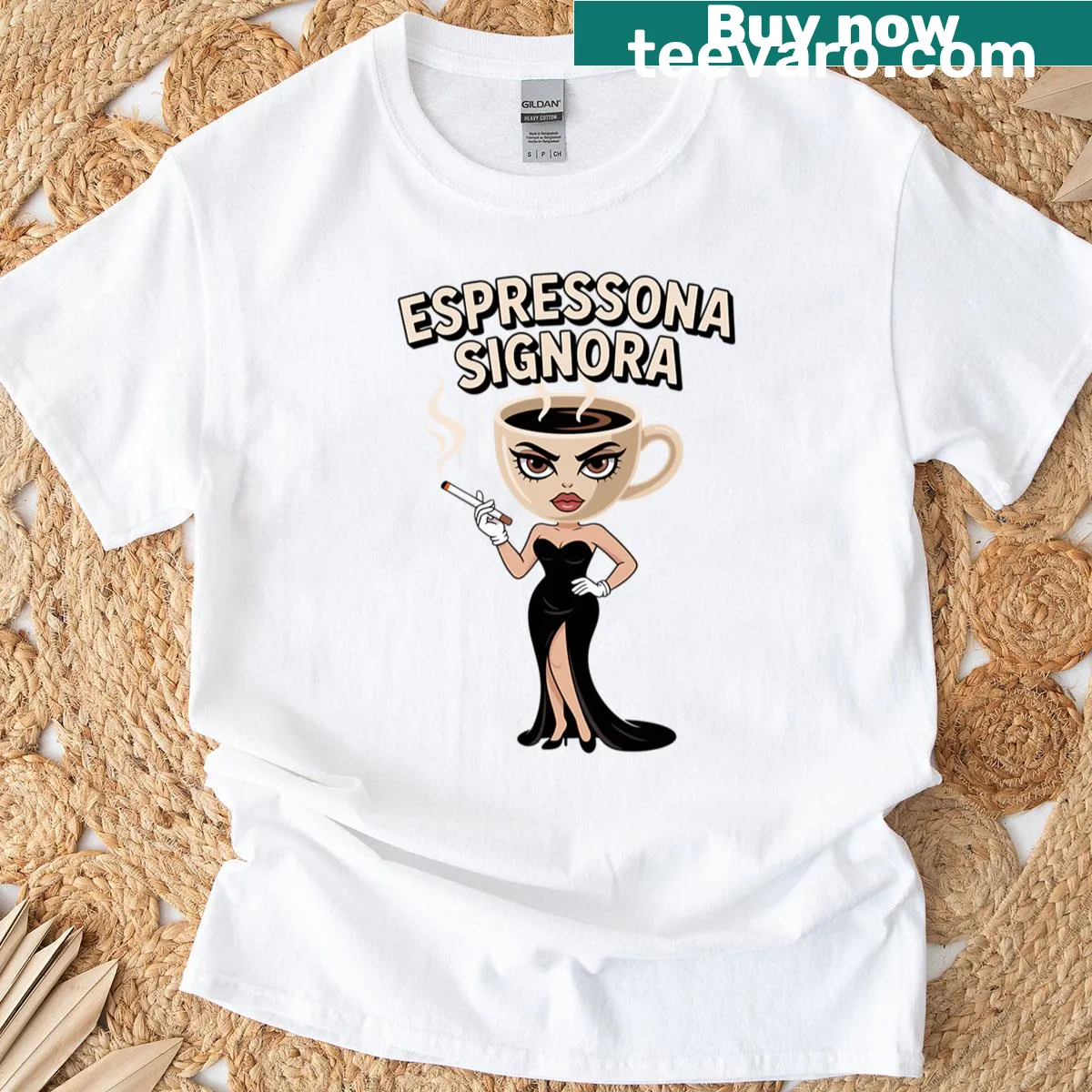 Funny coffee meme t-shirt with 'Espressona Signora' text — on a men's t-shirt