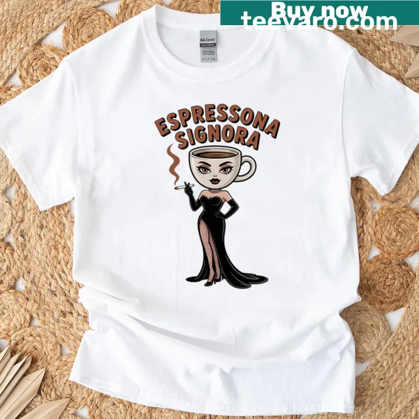 Playful coffee meme graphic on a T-shirt