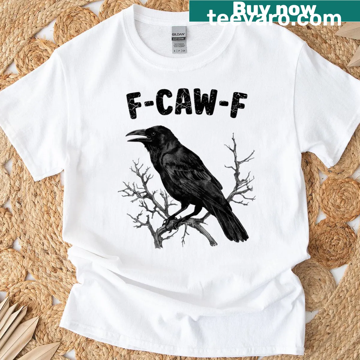 Funny black crow graphic T-shirt with moon design — on a men's t-shirt