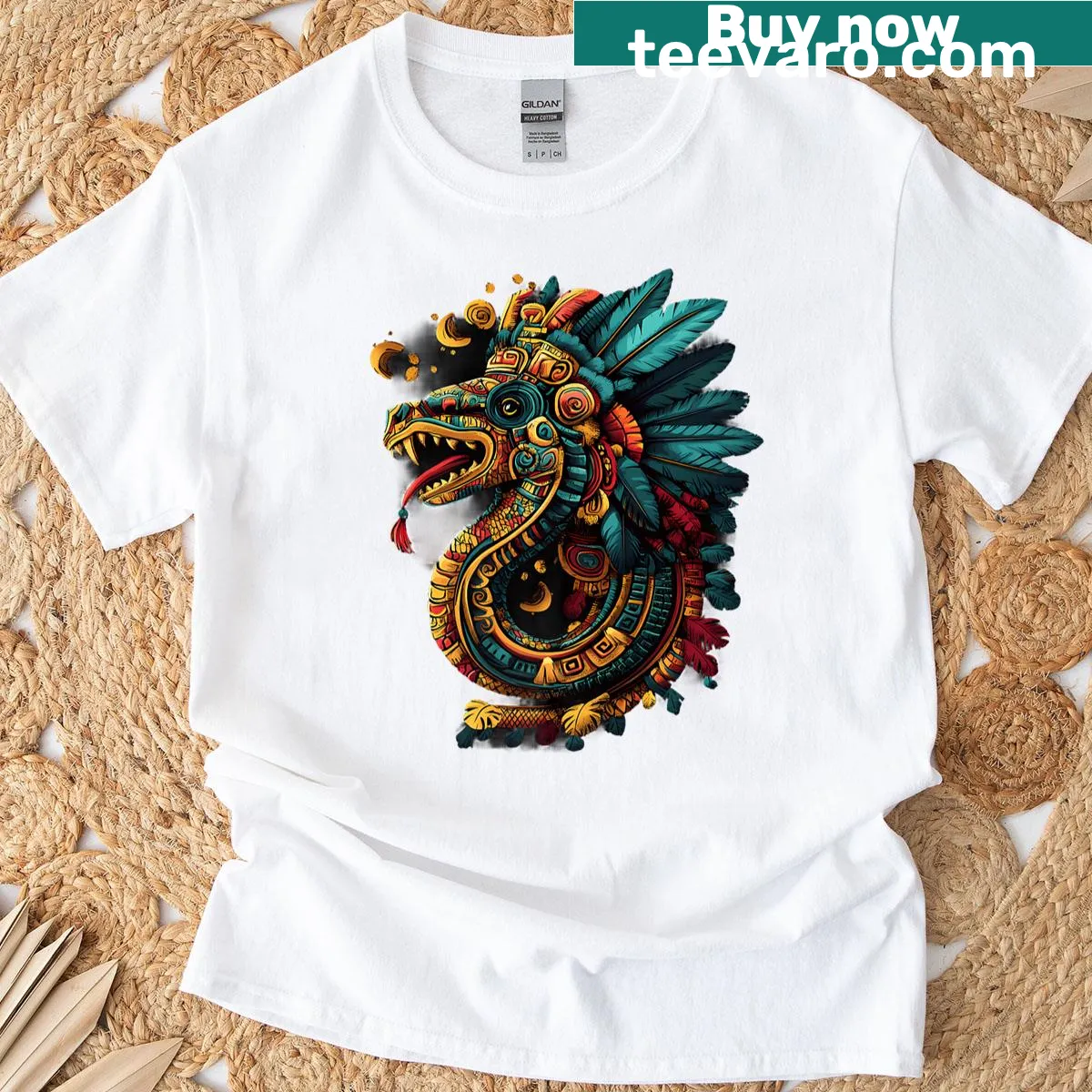 Quetzalcoatl Aztec god illustration on premium t-shirt — on a men's t-shirt
