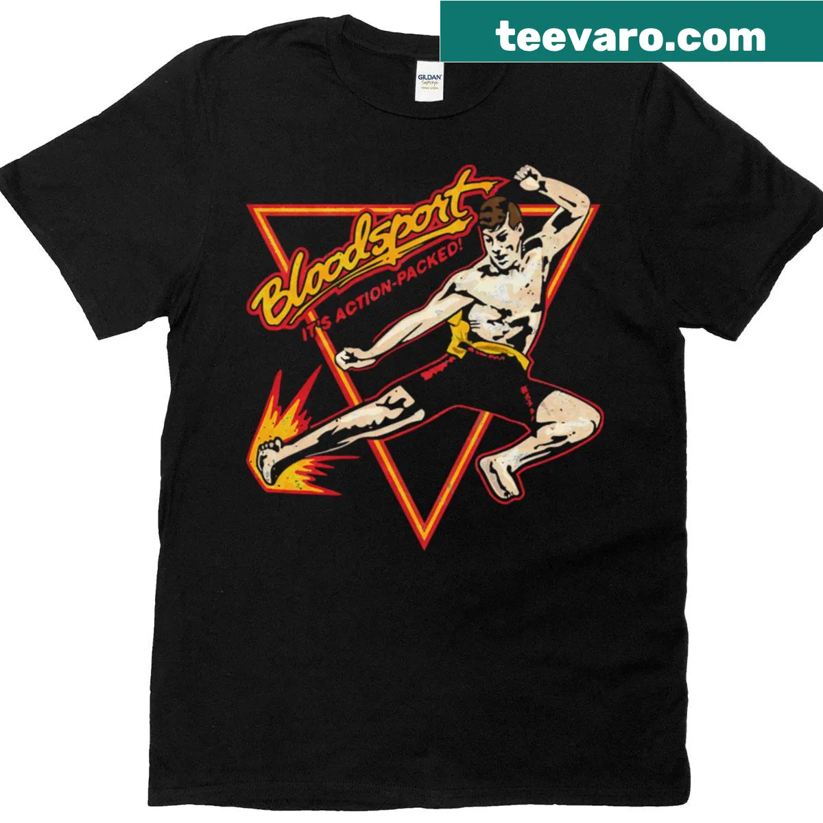 T-shirt featuring elements inspired by 80s fighting movies. — on a men's t-shirt