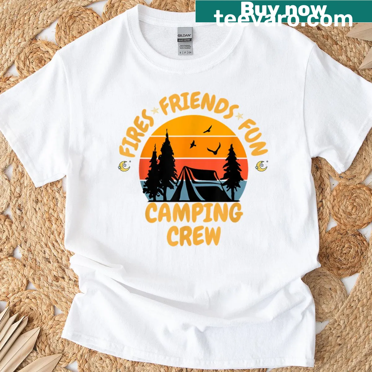 Playful camping crew illustration on a summer adventure T-shirt — on a men's t-shirt