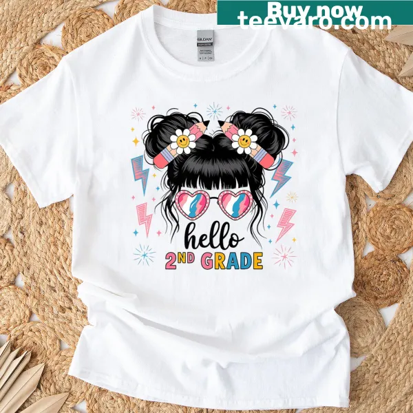 Back to school graphic T-shirt for kids featuring a girl with a messy bun