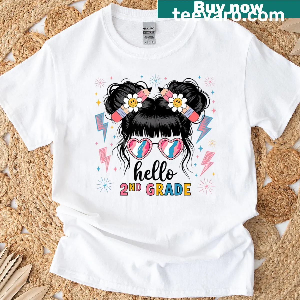 Back to school graphic T-shirt for kids featuring a girl with a messy bun — on a men's t-shirt