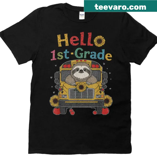 Cute sloth graphic on t-shirt with 'First Day Of 1st Grade' text