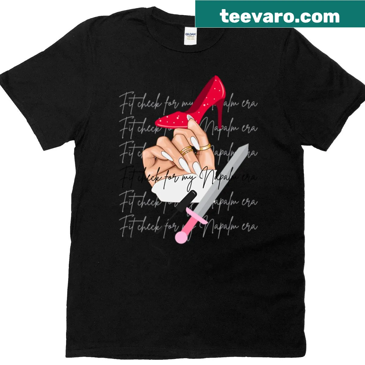 Bold graphic t-shirt featuring 'Fit Check For My Napalm Era' text — on a men's t-shirt