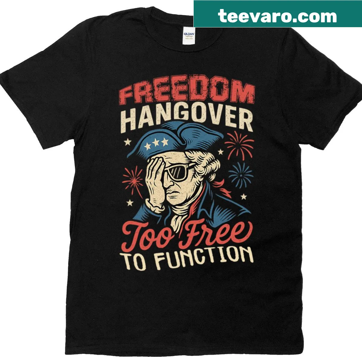Funny T-shirt highlighting a 'freedom hangover' after July 4th — on a men's t-shirt