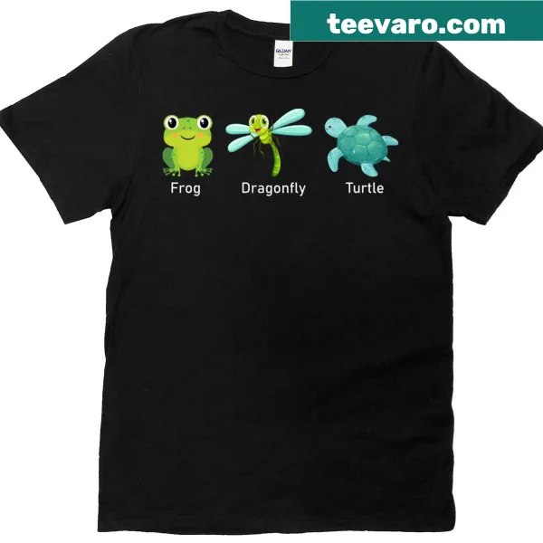 Edgy T-shirt featuring a frog, dragonfly, and turtle illustration.