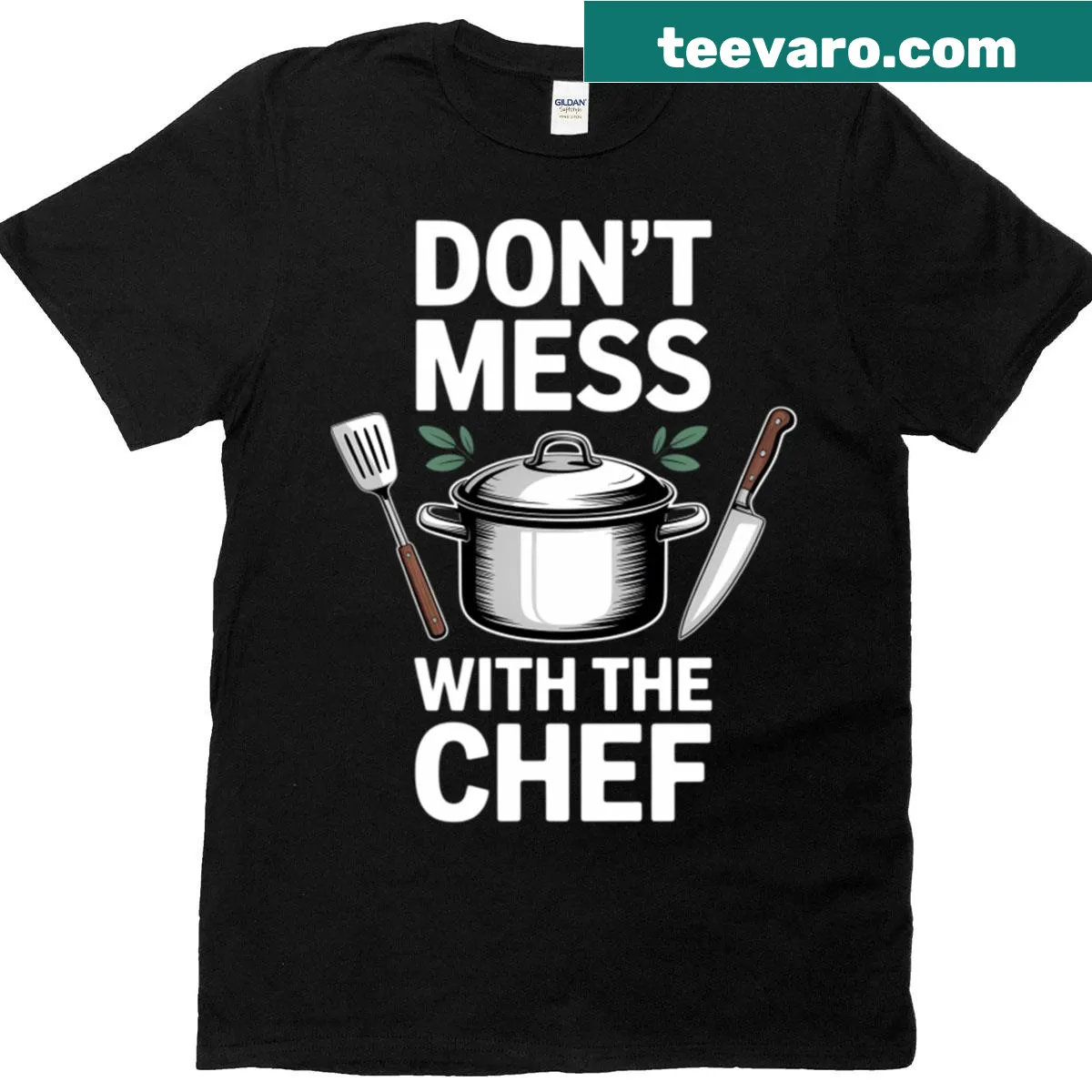 Humorous cooking quote graphic T-shirt — on a men's t-shirt