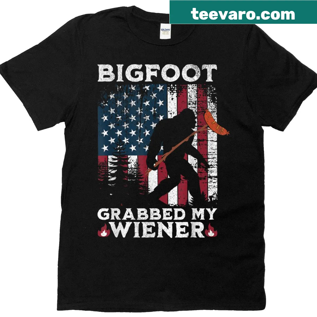 Graphic of Bigfoot with an American flag and playful text — on a men's t-shirt