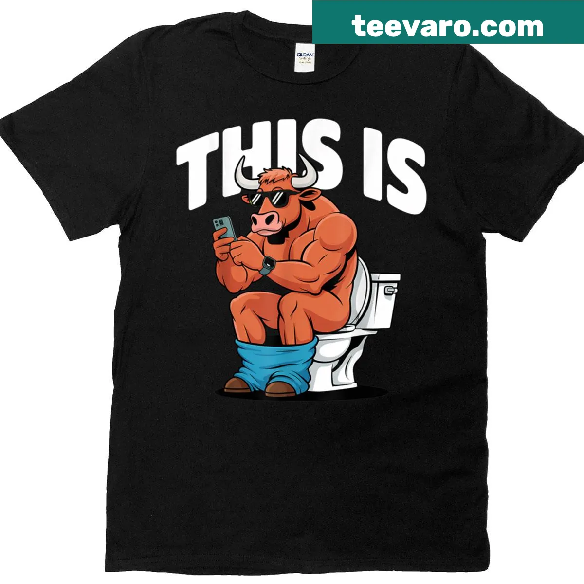 Funny T-shirt with a cartoon bull sitting on a toilet — on a men's t-shirt