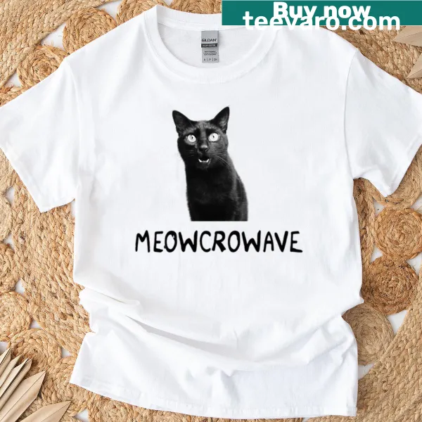 Humorous cat graphic emerging from a microwave on an oversized tee.