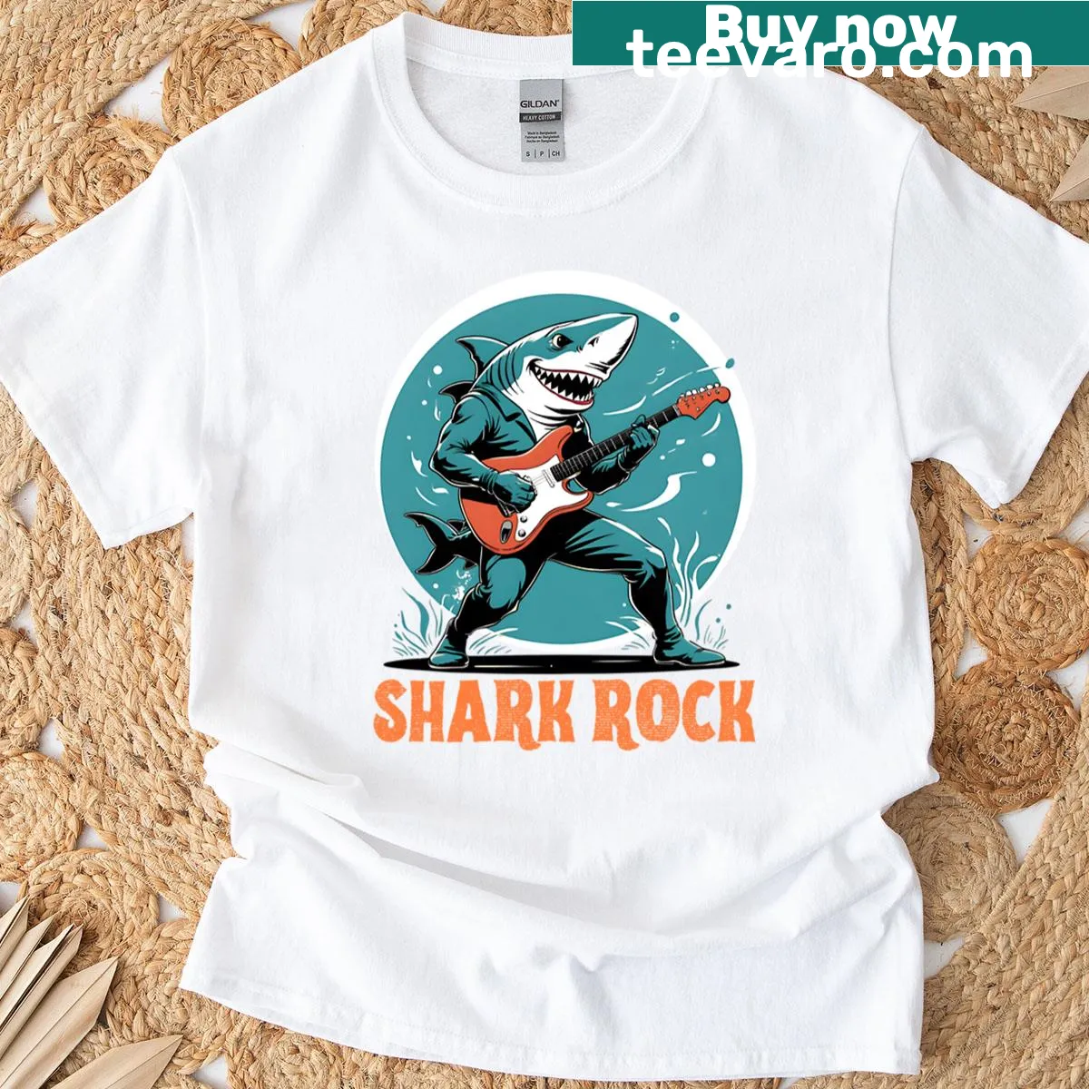 Funny t-shirt featuring 'Daddy Shark' meme and guitarist theme — on a men's t-shirt