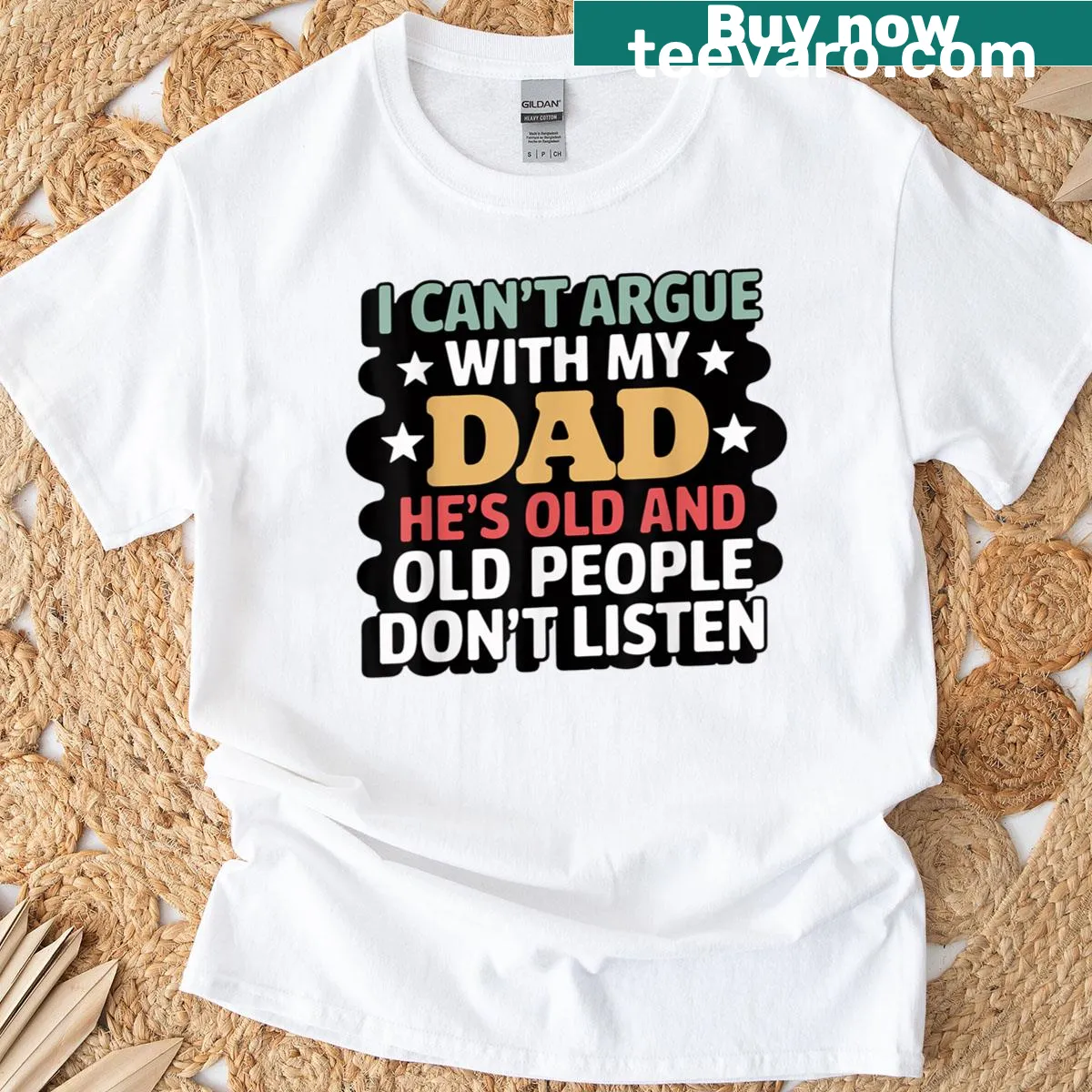 Humorous t-shirt with text about arguing with dad — on a men's t-shirt