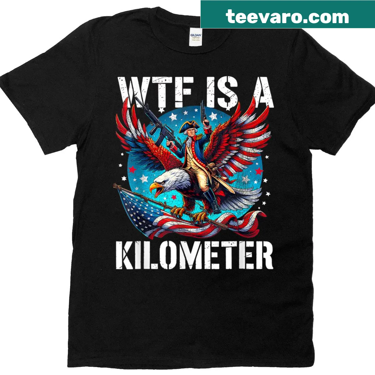 Retro patriotic t-shirt featuring a funny kilometer joke design — on a men's t-shirt