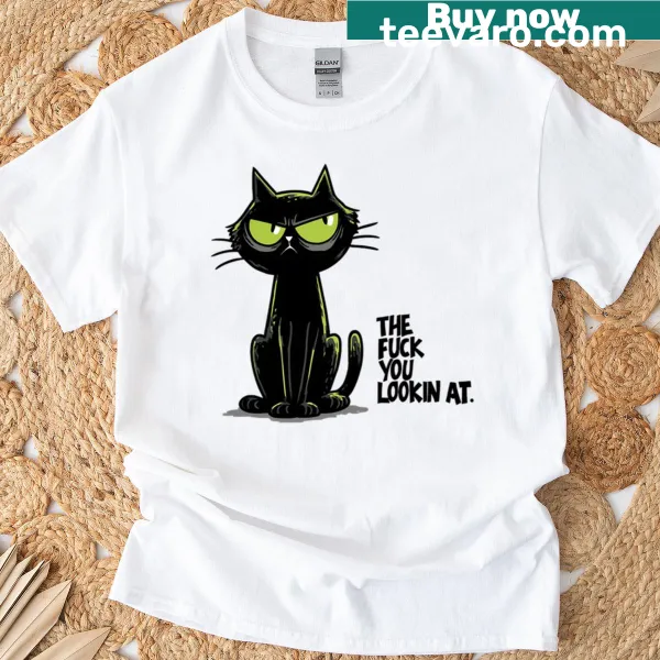 Grumpy black cat cartoon graphic T-shirt with humorous text