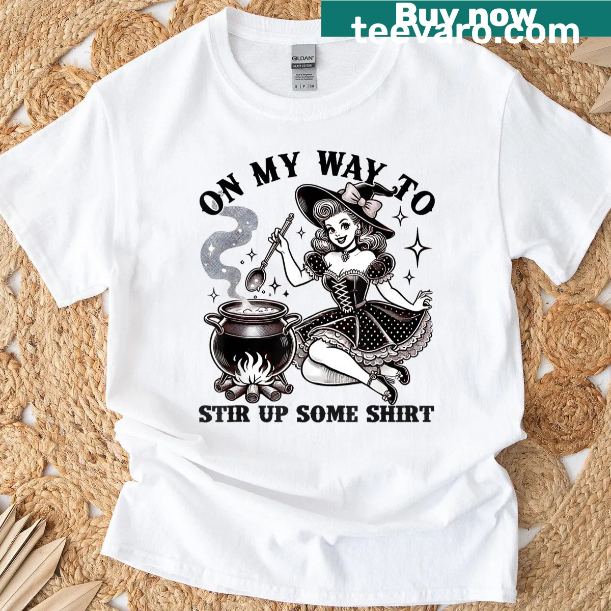 Humorous T-shirt with the phrase 'On My Way To Stir Up Some Witch Trouble' — on a men's t-shirt