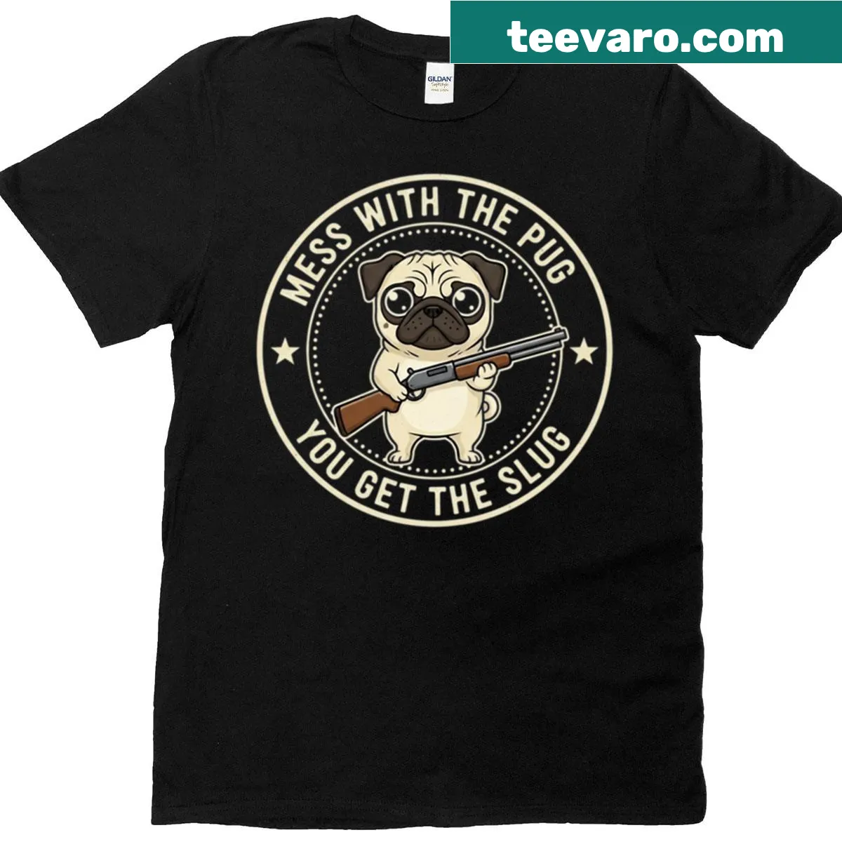 Funny pug T-shirt featuring a cartoon pug with a shotgun — on a men's t-shirt