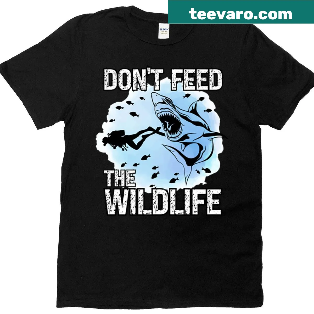 Funny scuba diver T-shirt featuring a humorous shark attack illustration — on a men's t-shirt